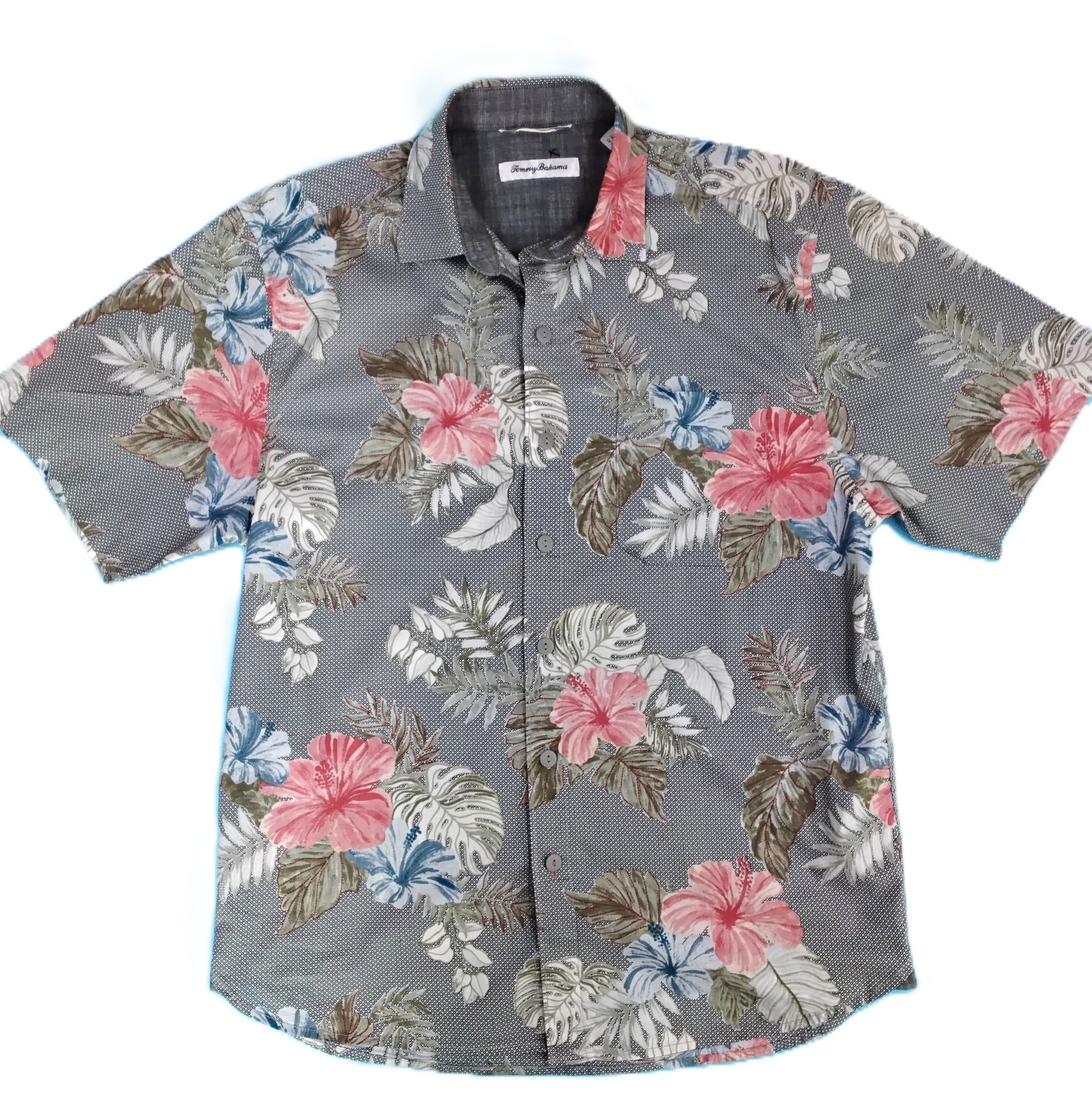 Tommy Bahama Grey Floral Hawaiian Shirt – Classic Hibiscus Print