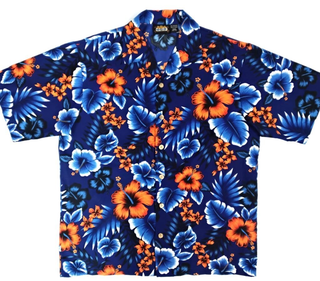 Blue & Orange Hibiscus Floral Hawaiian Shirt