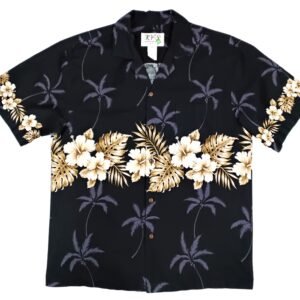 Ky's Hawaiian Shirt with Palm Leaves and Horizontal Border of Tropical Flowers