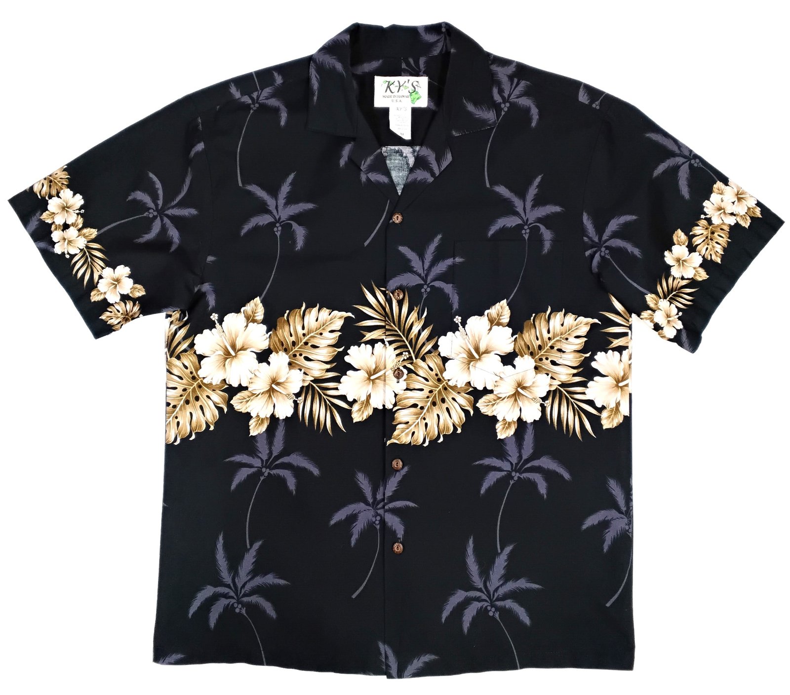 Ky's Hawaiian Shirt with Palm Leaves and Horizontal Border of Tropical Flowers