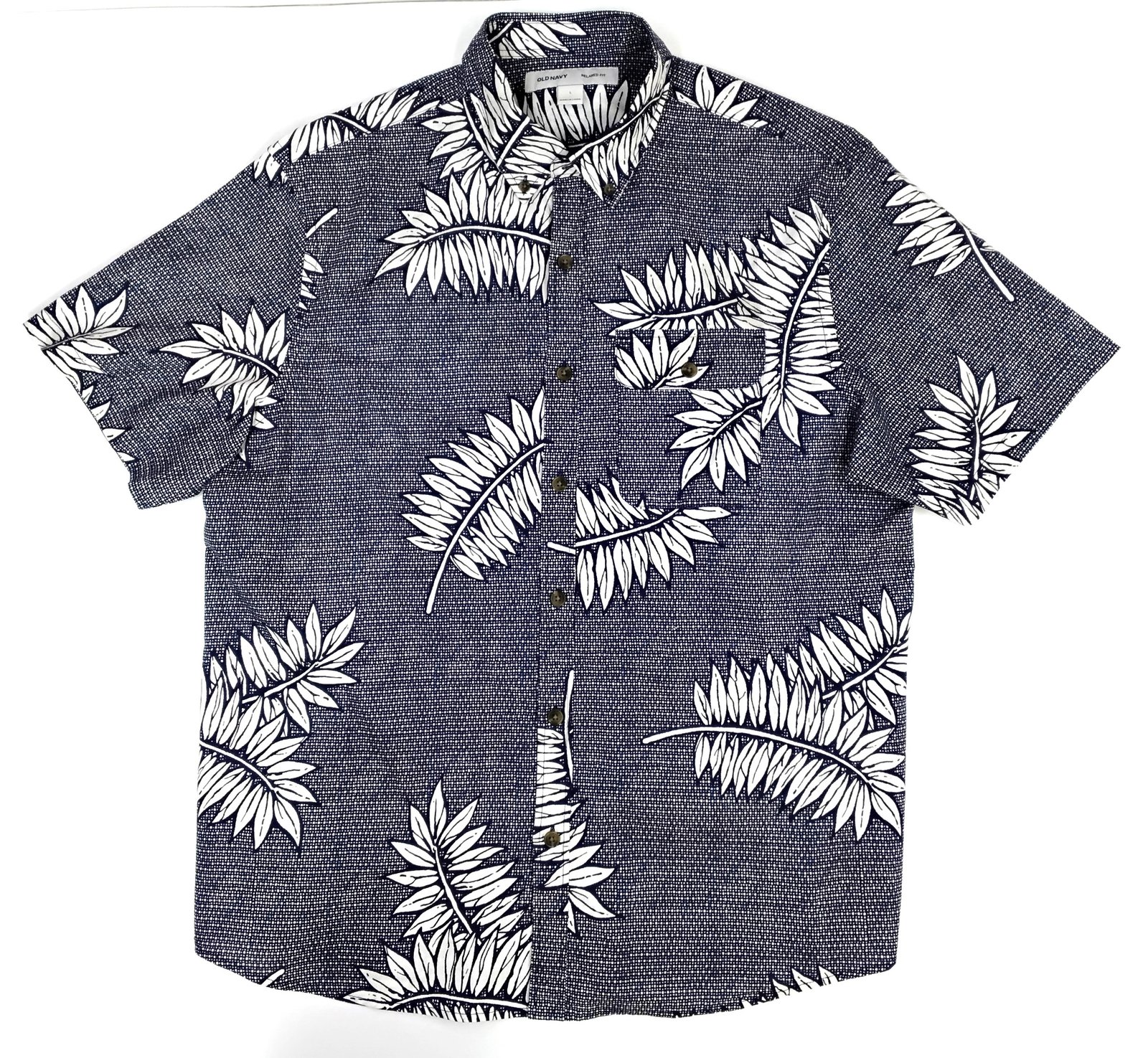 Old Navy Relaxed Fit Hawaiian Shirt with White Tropical Fern Leafs