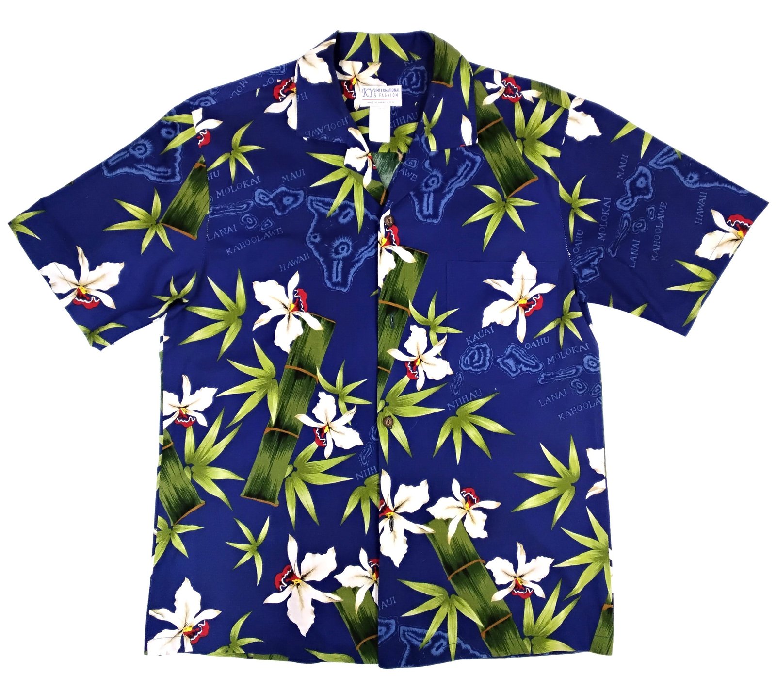KY'S International Fashion Hawaiian Shirt with Tropical Orcid and Island Maps