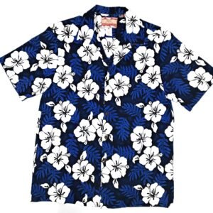 RJC Blue Hawaiian Shirt With White Hibiscus Flowers and Leaves