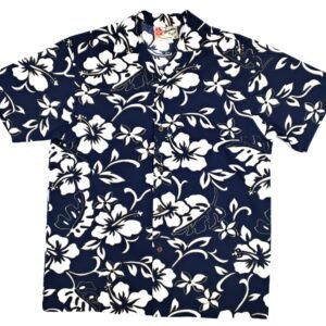 Hilo Hattie Black Hawaiian Shirt with With White Hibiscus Flowers