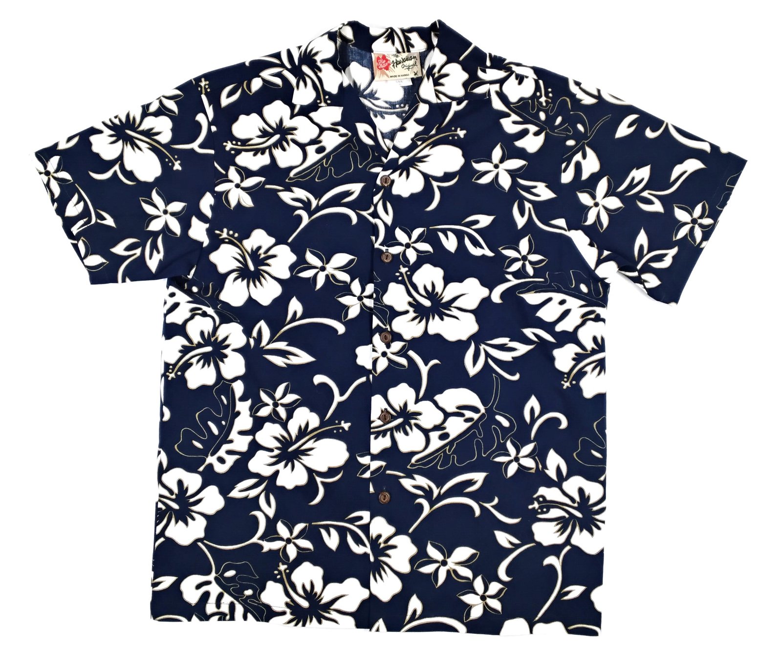 Hilo Hattie Black Hawaiian Shirt with With White Hibiscus Flowers